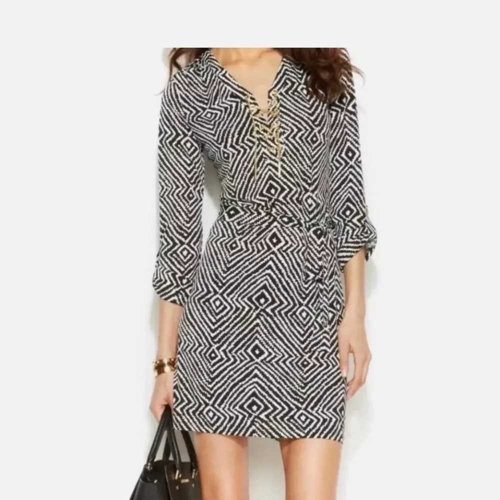 Michael Kors Black and White Sheath Dress with Plunge Neckline